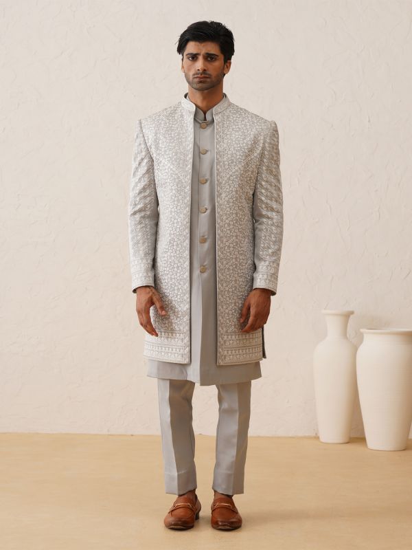 Silver White Indowestern Sherwani For Mens With Embroidered Jacket