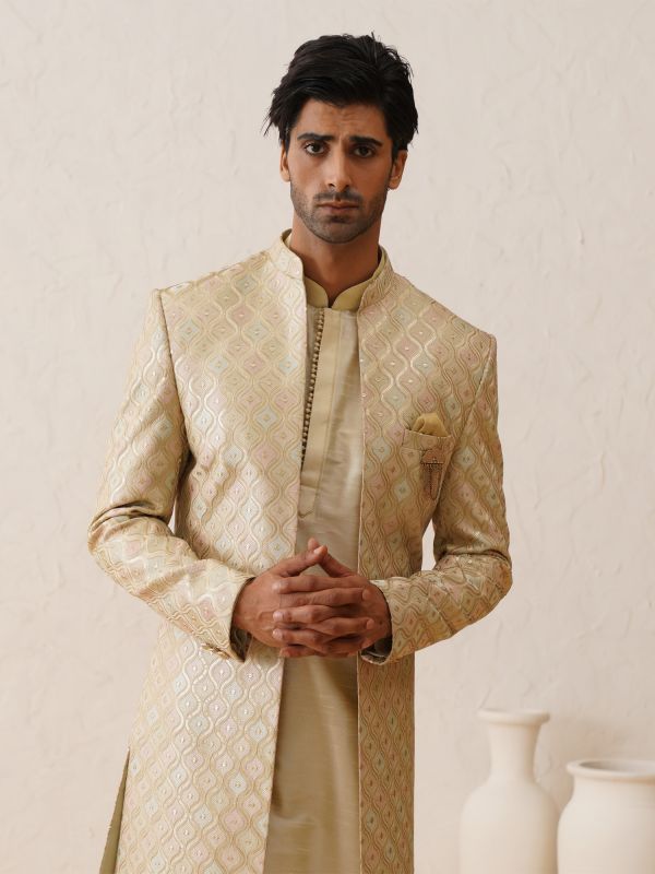 Butter Cream Front Open Jacketed Indowestern In Jacquard Silk