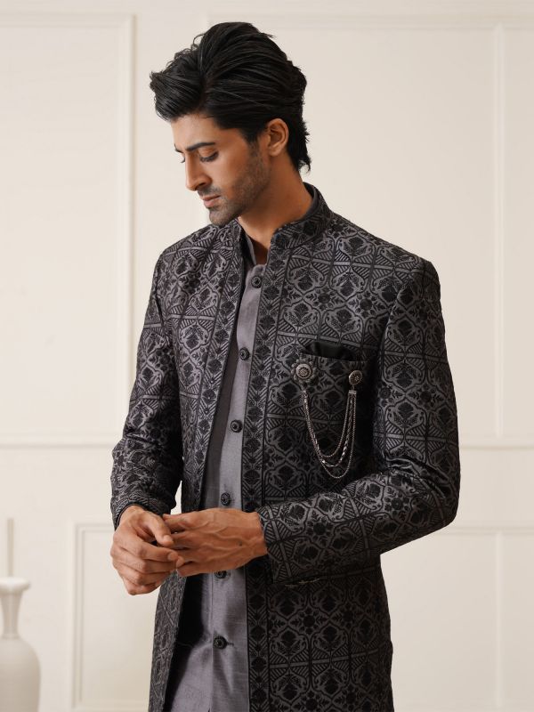 Metallic Black Indowestern With Front Open Embroidered Jacket