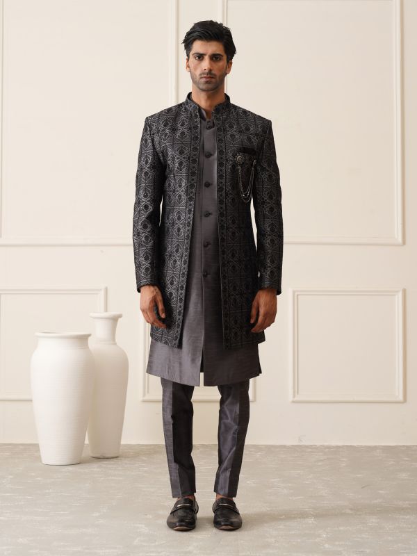 Metallic Black Indowestern With Front Open Embroidered Jacket