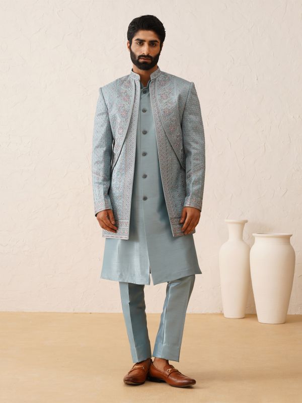 Light Blue Unique Layered Jacketed Indowestern In Floral Embroidery