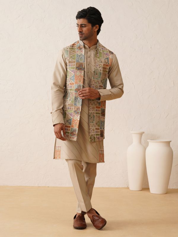 Beige Tradtional Pattern Waistcoat With Kurta Pyjama For Mens