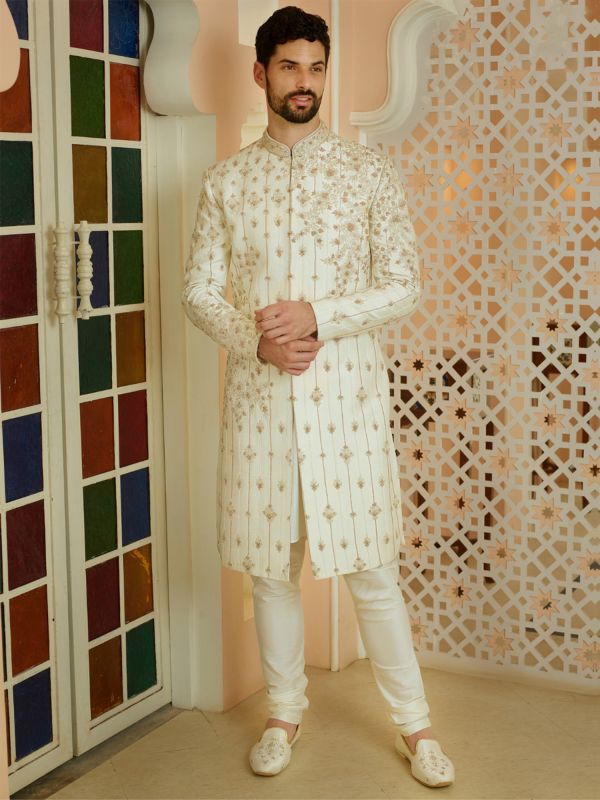 Creamy White Floral Moti Work Enhanced Mens Sherwani Set