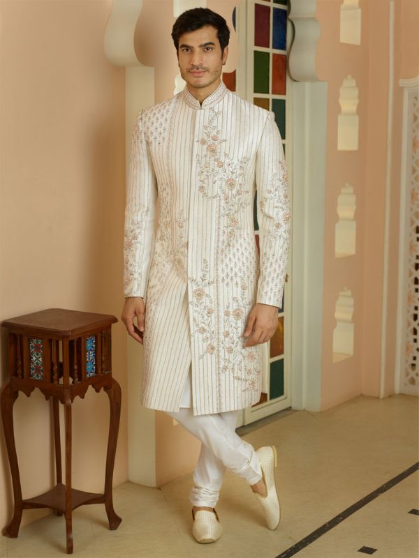 Shell White Zari Embroidered Linear Pattern Mens Sherwani Set
