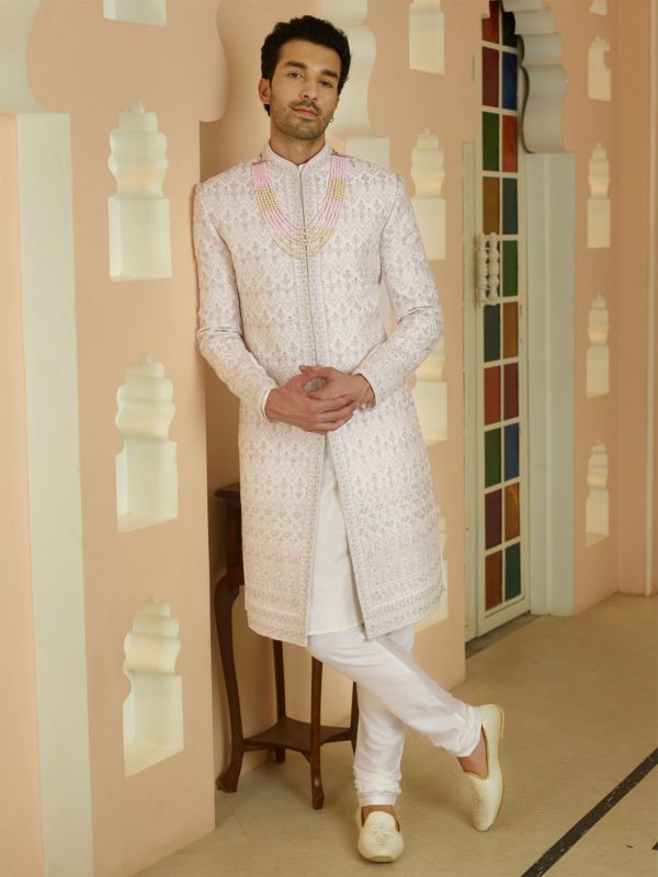 Blush Pink Mens Wear Sherwani Set In Heavy Stone Embroidery 
