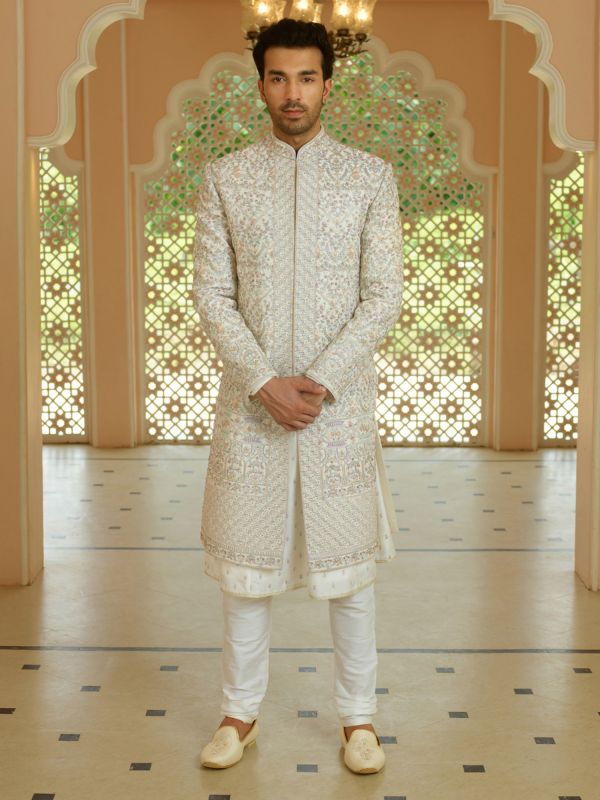 Pearl White Heavy Thread Embroidered Mens Wedding Sherwani
