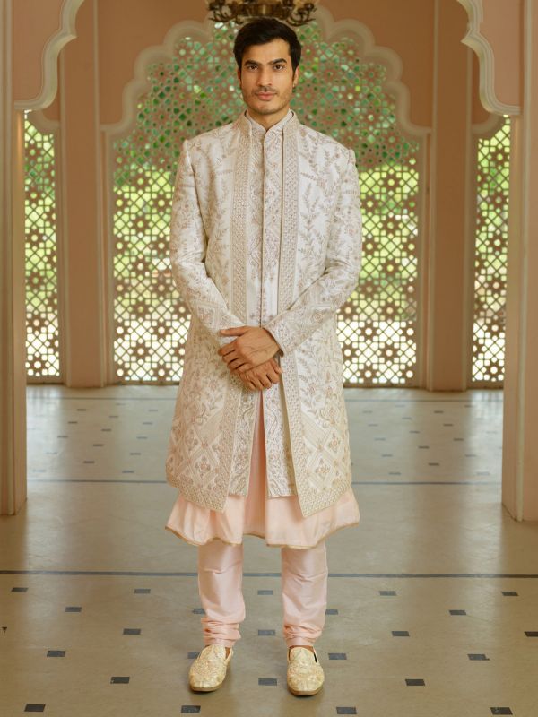 White Anarkali Style Mens Floral Embroidered Double Layered Sherwani
