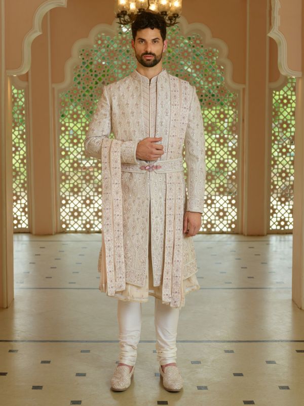 Off White Anarkali Style Mens Wedding Wear Sherwani Set