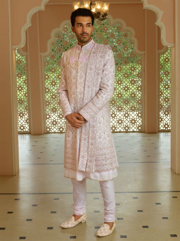Blush White Wedding Wear Mens Sherwani Set In Heavy Embroidery