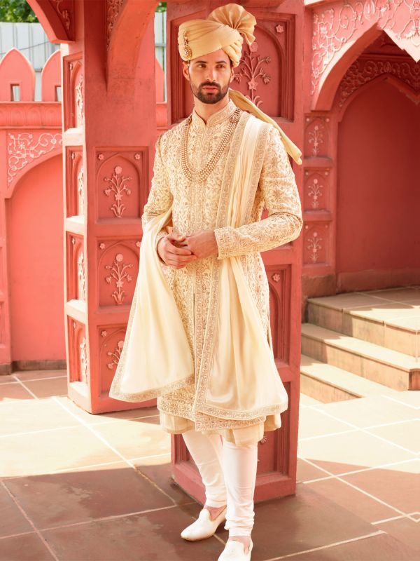Ivory Cream Anarkali Style Mens Sherwani Set In Floral Embroidery