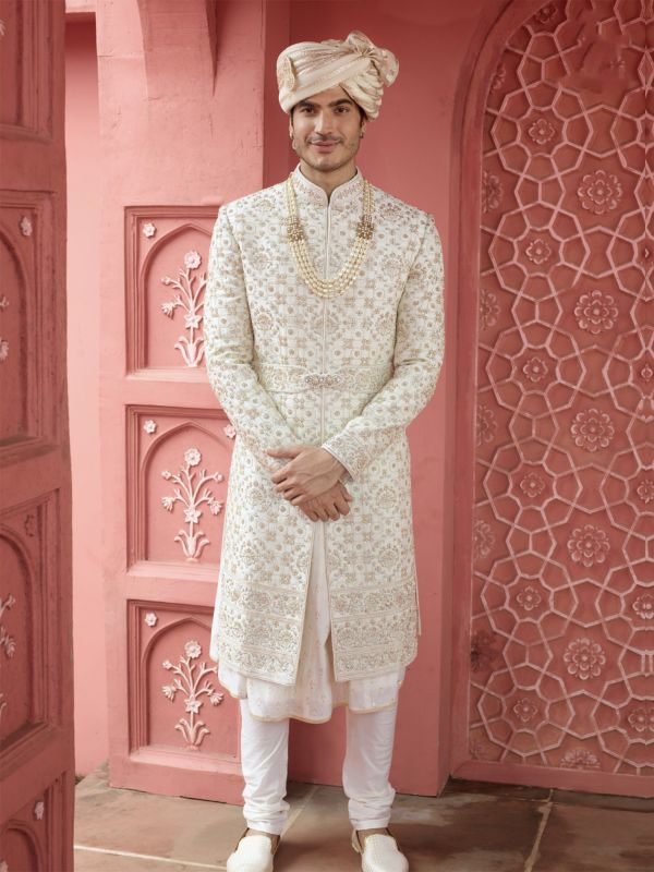 White Heavy Zari Floral Embroidered Mens Anarkali Style Sherwani Set