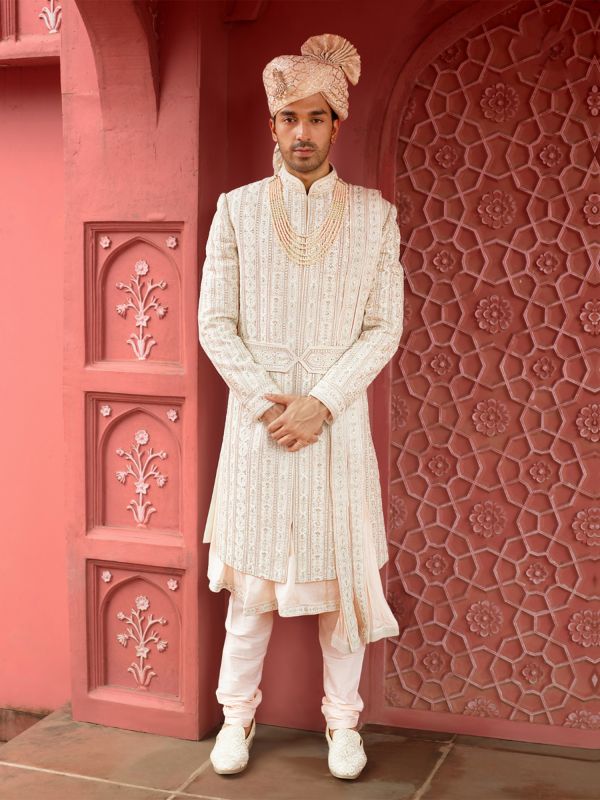 White Thread Embroidered Mens Sherwani Set With Anarkali Style