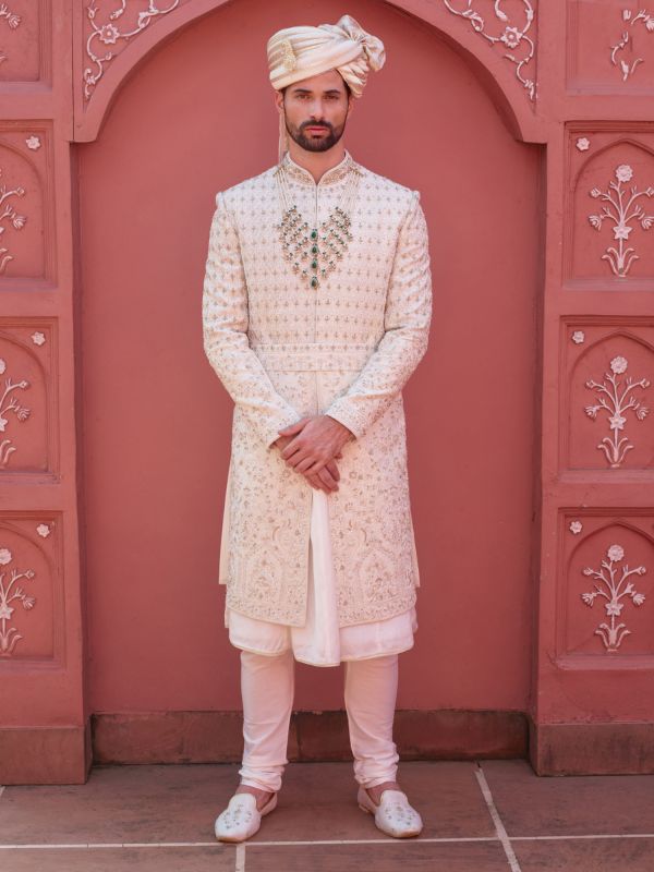 Off White Anarkali Style Sherwani Set For Mens In Heavy Embroidery