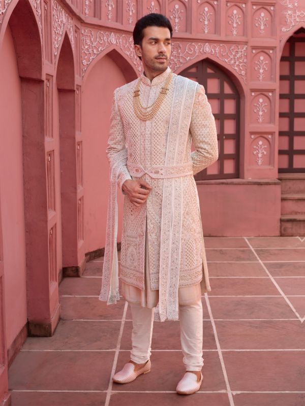 Blush Pink Heavy Thread Embroiderey Mens Sherwani With Kurta 