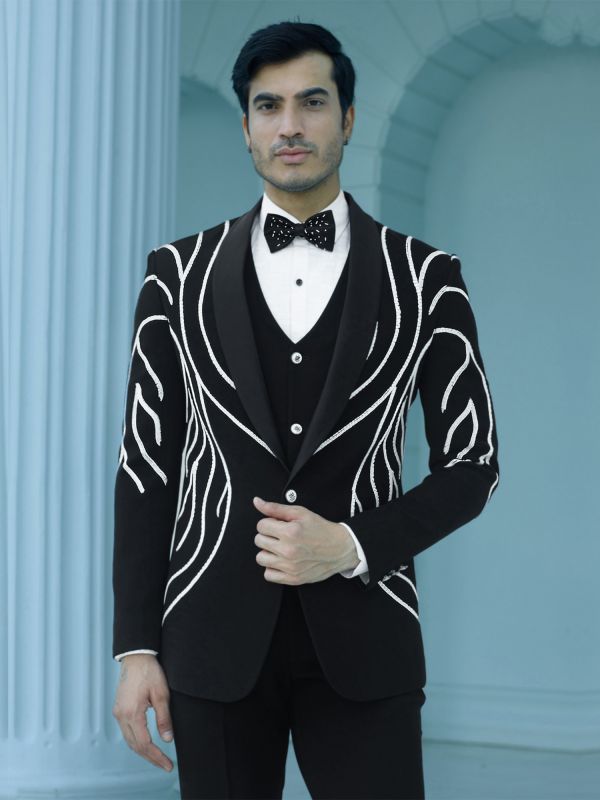 Black Mens Cocktail Wear Tuxedo Suit In Strip Embellishments