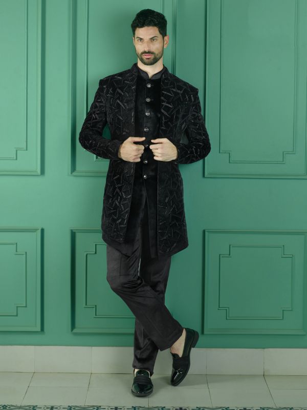 Black Unique Style Embroidered Indowestern Set For Mens In Velvet