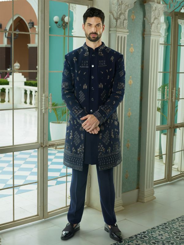 Deep Blue Mens Indowestern Set With Embroidered Open Jacket