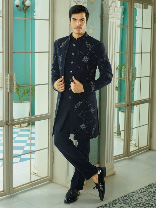 Midnight Blue Stone Augmented Jacketed Style Mens Indowestern Set