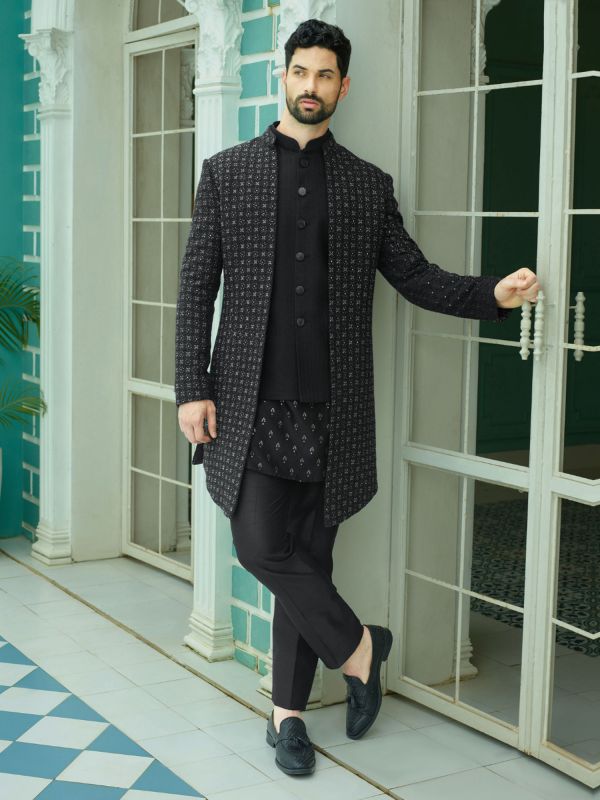 Black Bandhgala Pattern Three Piece Style Indowestern Set For Mens
