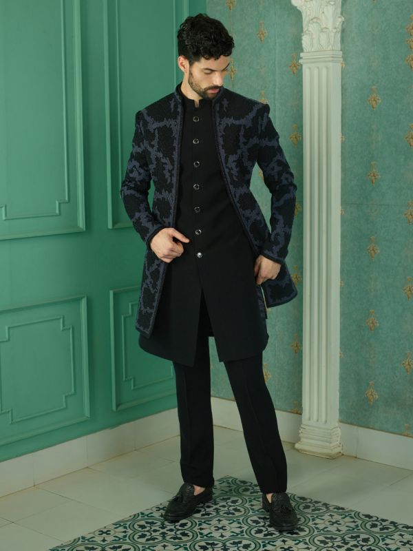 Black Embroidered Jacketed Style Mens Indowestern Set In Brocade