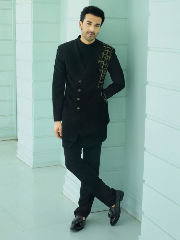 Black Asymmetric Pattern Mens Indowestern Set In Unique Embroidery