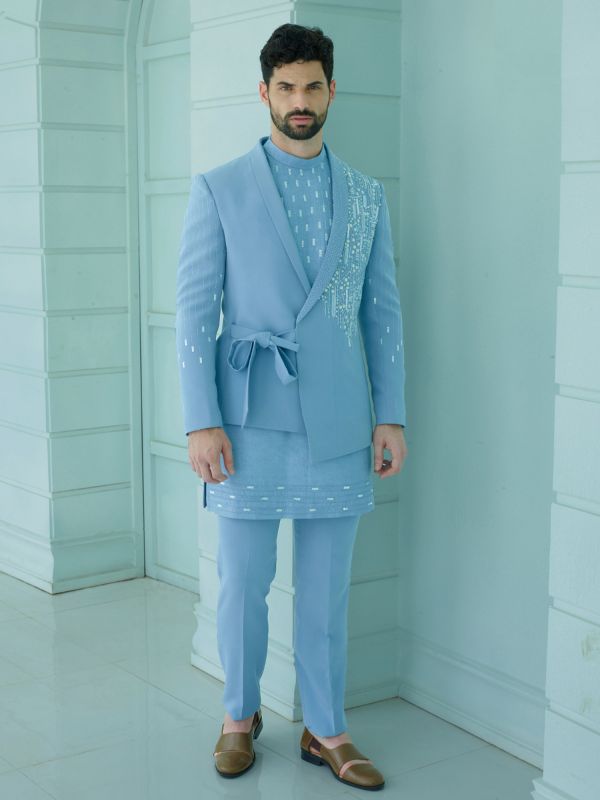 Sky Blue Mens Stylish Indowestern Set With Front Open Aymmetric Jacket