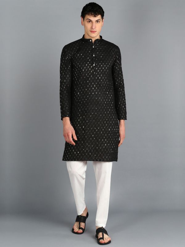 Black Readymade Kurta Pyjama Set In Cotton With Sequin Embroidery