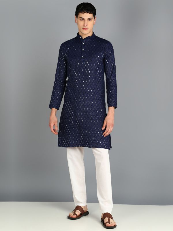 Blue Cotton Kurta Pyjama Set For Mens In Sequins Embroidered