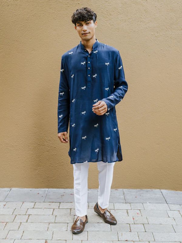 Navy Blue Cotton Kurta Pyjama Set For Mens