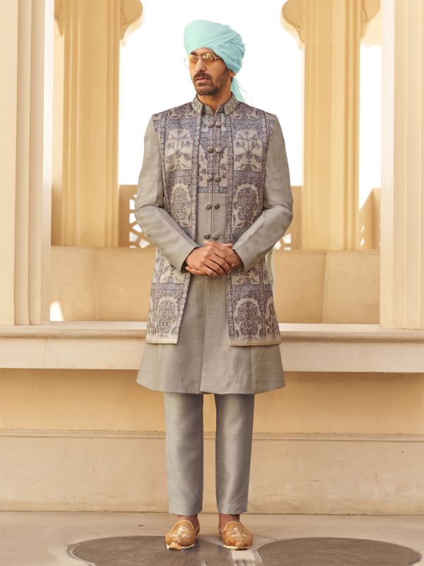 Grey Traditional Foil Printed Mens Indowestern In Jacketed Style