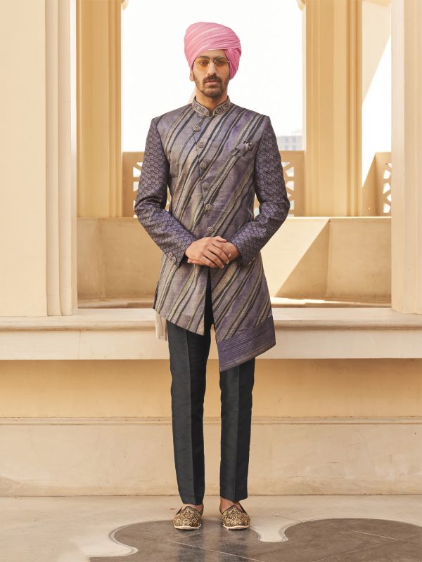 Purple Asymmetric Style Mens Indowestern Set In Foil Print