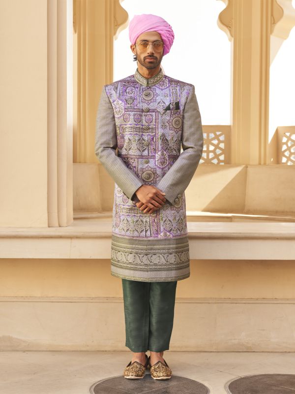 Grey Menswear Indowestern Set In Foil Printed Silk