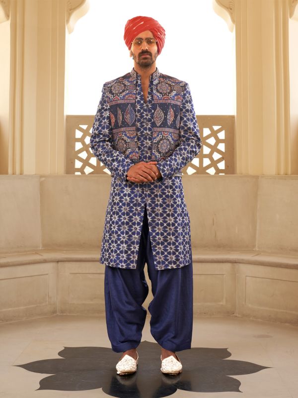 Dark Blue Jacketed Style Indowestern Set With Dhoti
