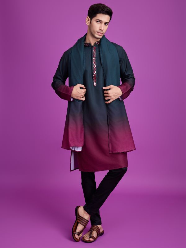 Navy Blue And Wine Ombre Shaded Kurta Set