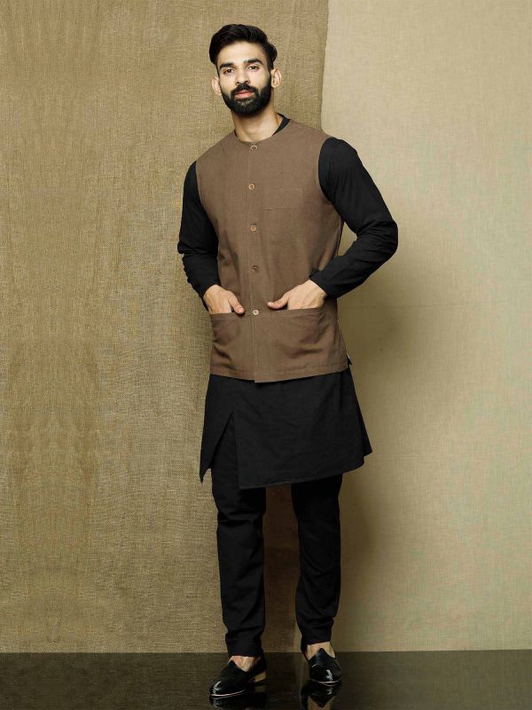 Black Kurta Pyjama Set In Cotton With Upper Koti