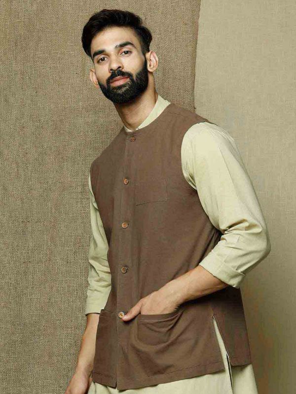 Cream Mens Kurta Pyjama Set In Cotton With Jacket