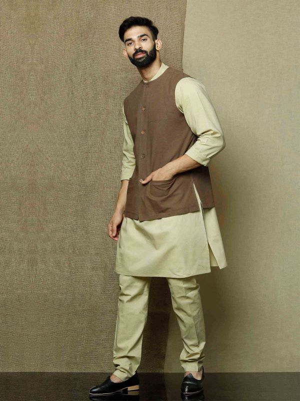 Cream Mens Kurta Pyjama Set In Cotton With Jacket