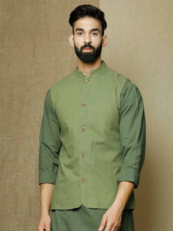 Olive Green Kurta Pyjama Set In Cotton With Nehru Jacket