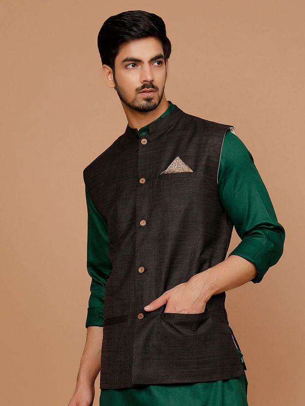 Dark Green Mens Kurta Pyjama Set With Nehru Jacket