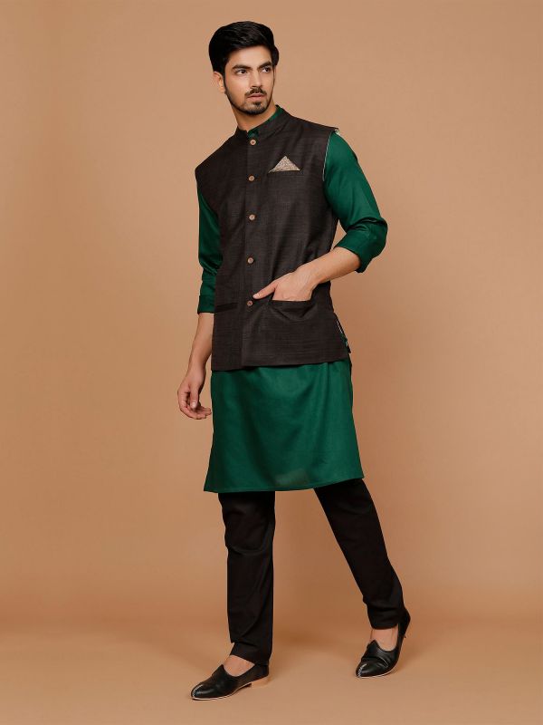 Dark Green Mens Kurta Pyjama Set With Nehru Jacket