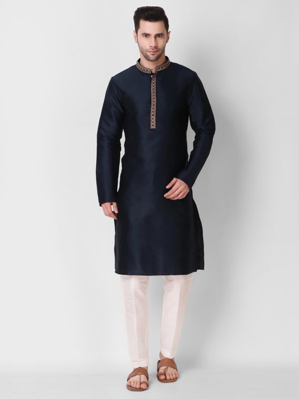 Navy Blue Mens Readymade Kurta Pyjama Set