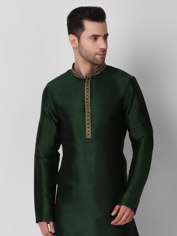 Dark Green Readymade Kurta Pyjama Set In Silk