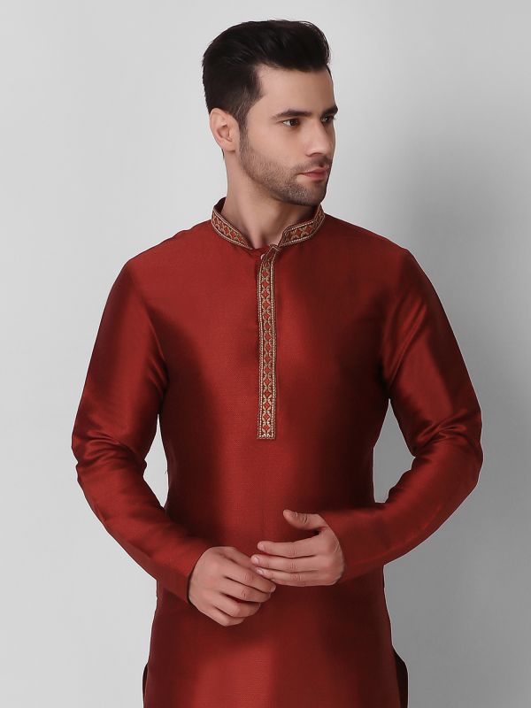 Deep Red Mens Kurta Pyjama Set In Silk