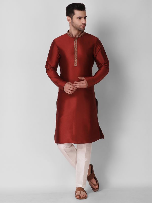 Deep Red Mens Kurta Pyjama Set In Silk