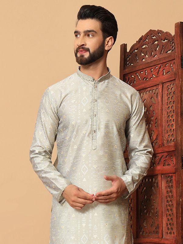 Grey Mens Kurta Pyjama In Cotton