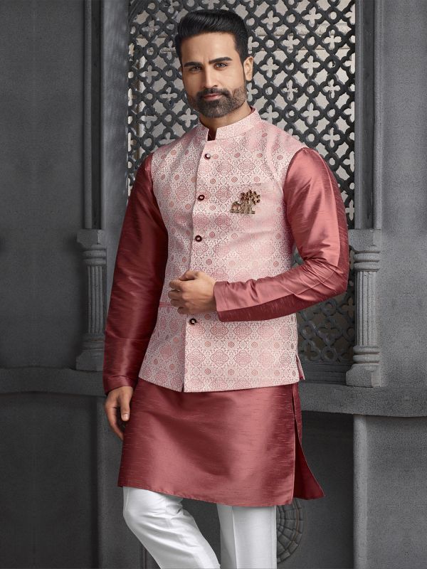 Rosewood Pink Kurta Pyjama Set With Nehru Jacket