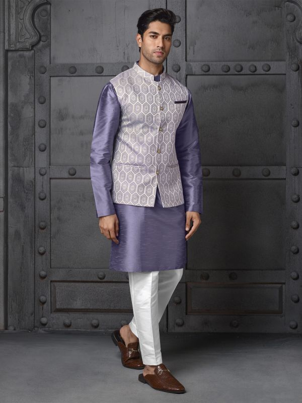 Lavendar Purple Mens Kurta Pyjama With Jacket