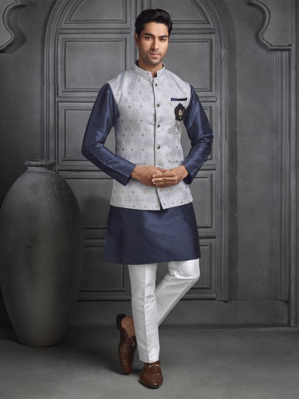 Navy Blue Mens Kurta Set In Silk With Jacquard Jacket