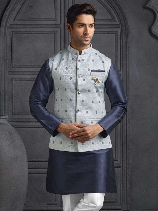 Navy Blue Nehru Jacketed Style Kurta Pyjama Set