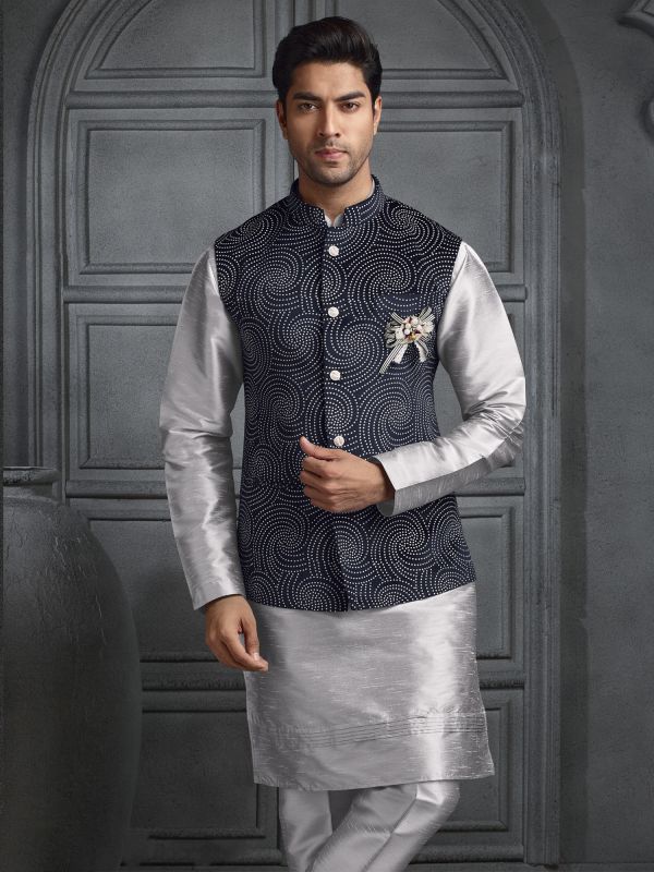 Metallic Grey Mens Kurta Pyjama Set In Silk